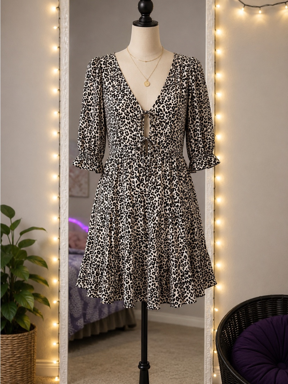 ASOS Leopard Print Tie-Front Dress in Black and Cream 10